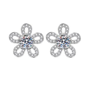 Elegant Moissanite Flower Stud Earrings – Sparkling Sterling Silver Jewelry